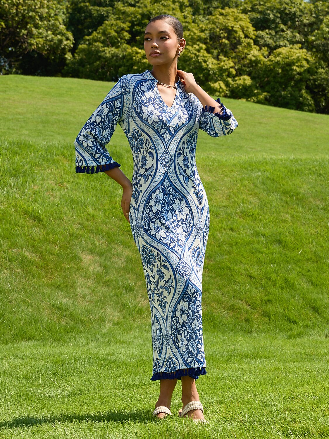 Azure Medallion Acetate Look Stretch Knit Maxi Dress