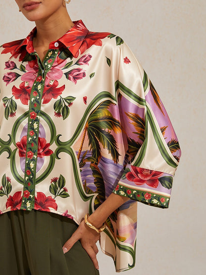 Hawaii Palm Satin Dolman Sleeve Top