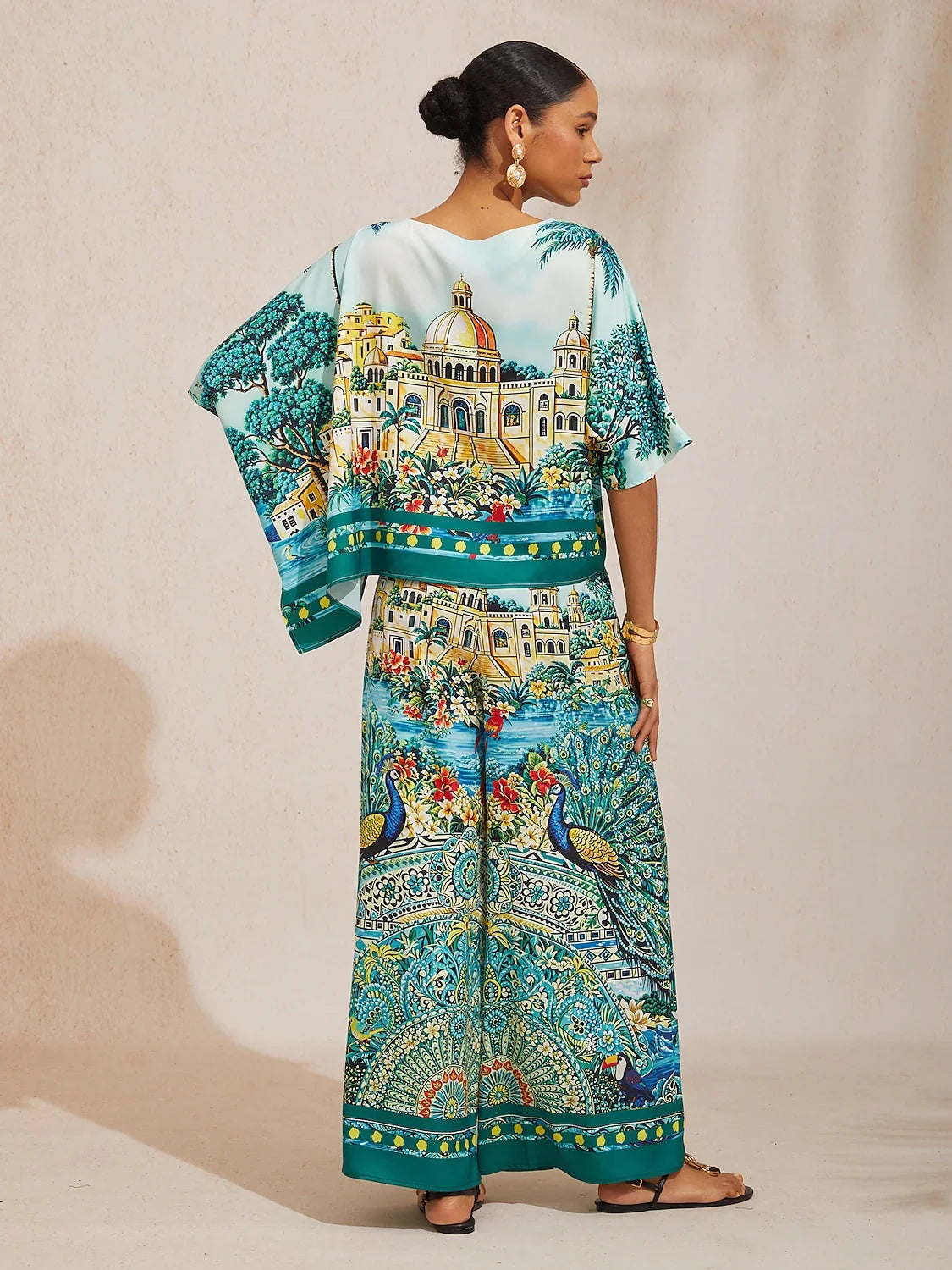 Summer Night Palm Silky Satin Dolman Sleeve Top