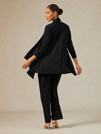 Acetate Look Stretch Knit Ruched Sleeve Jacket
