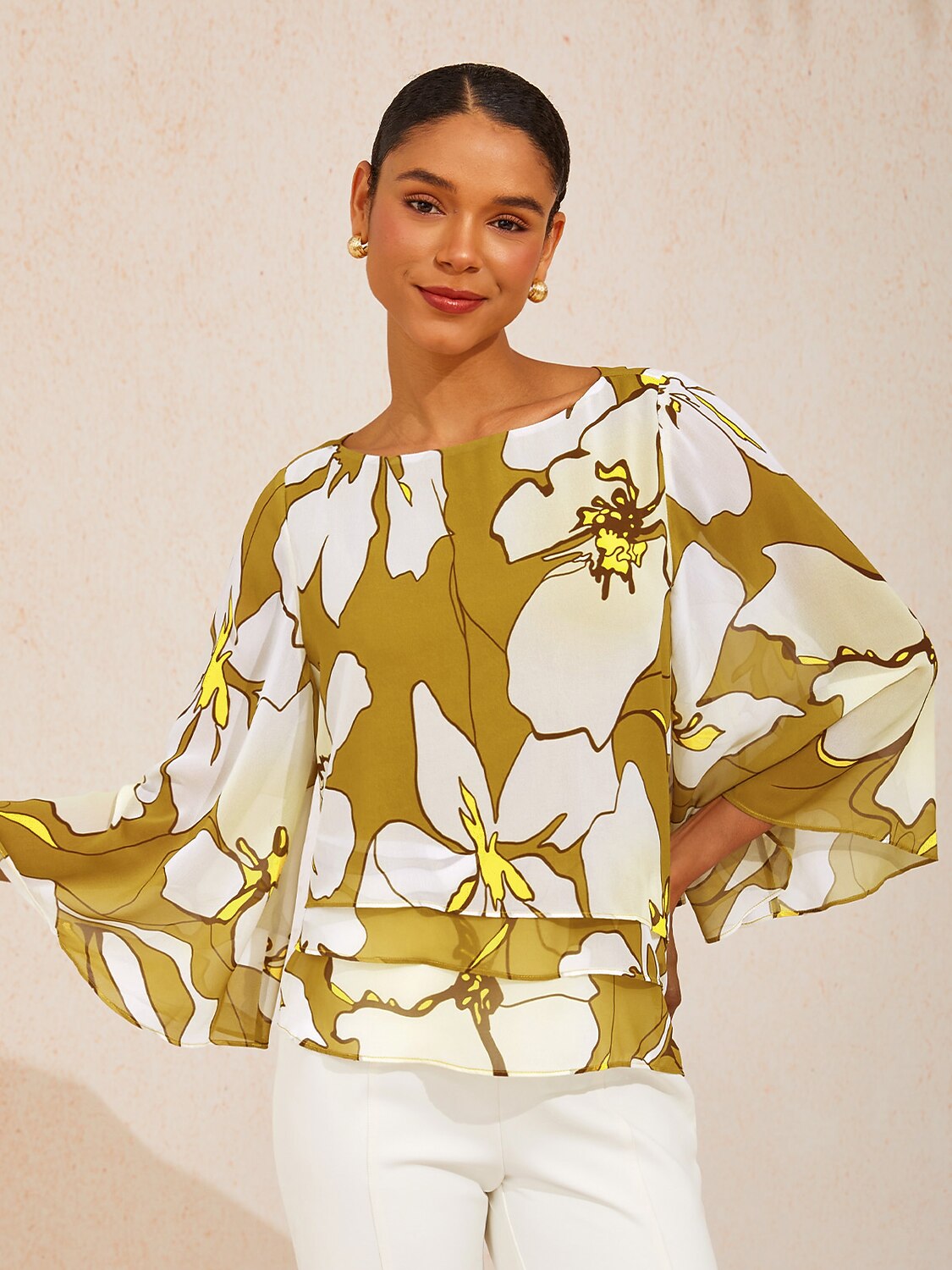 Golden Petal Glow Layered Chiffon Blouse